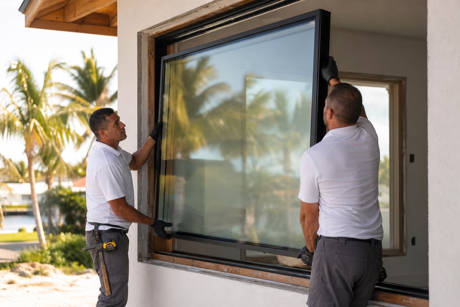 Moose Homes crew installing a large hurricane impact window on a Southwest Florida home
